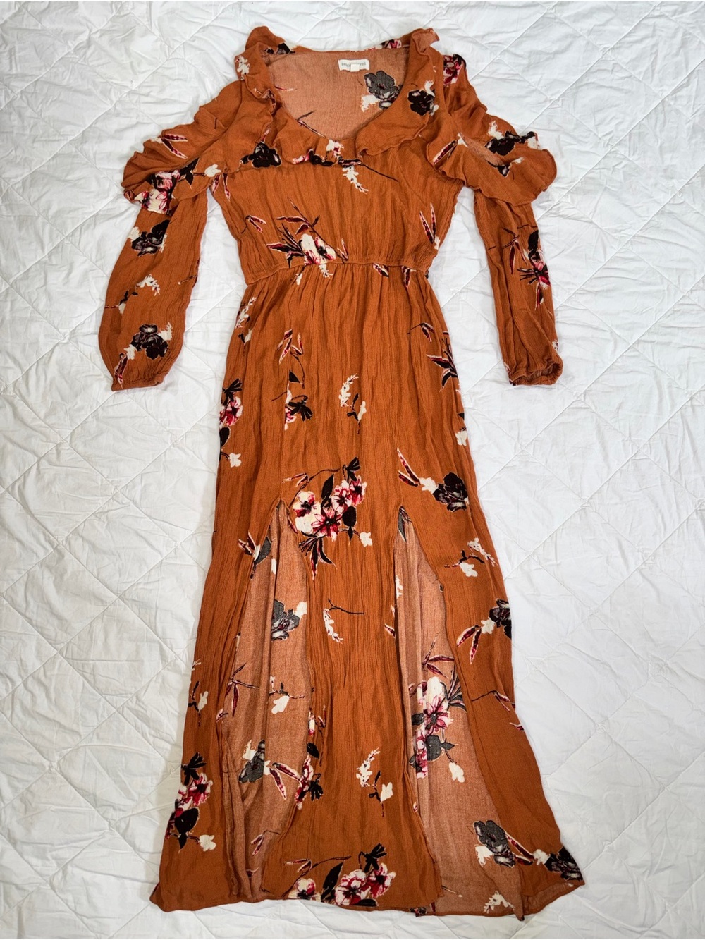 Dance & Marvel Rust Floral Ruffle Maxi Dress